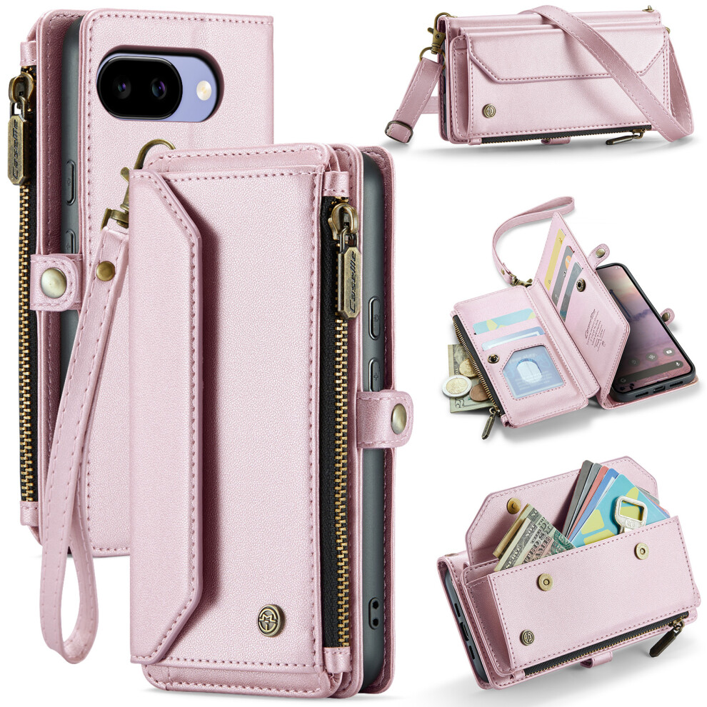 (Pink) Phone Cover For Google Pixel 10A C36 Leather Case Zipper 10 Card Slots Phone Cover With Straps Pink 6914291449926