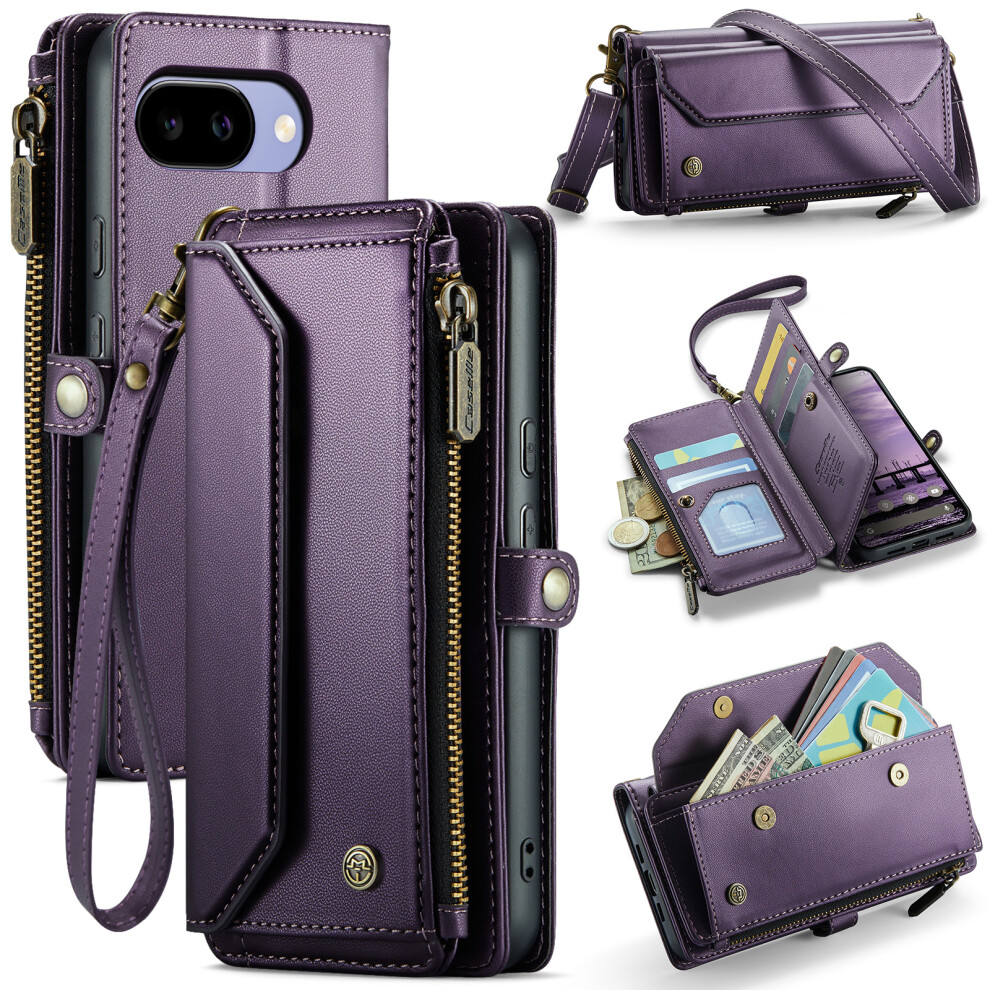 (Purple) Phone Cover For Google Pixel 10A C36 Leather Case Zipper 10 Card Slots Phone Cover With Straps Purple 6914298396902