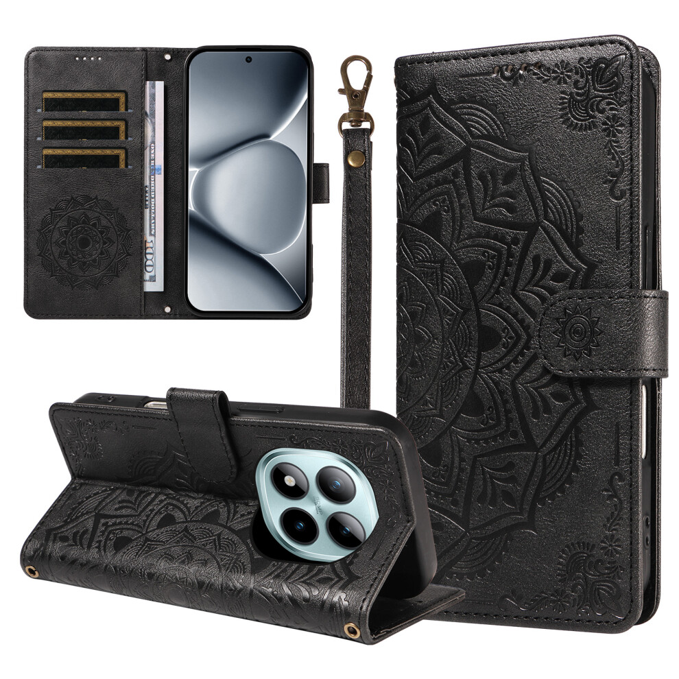 (Black) Phone Cover For Xiaomi Poco M8 Pro 5G / Xiaomi Redmi Note 15 Pro+ 5G (Global) Wallet Case Embossed Black 6914292437298