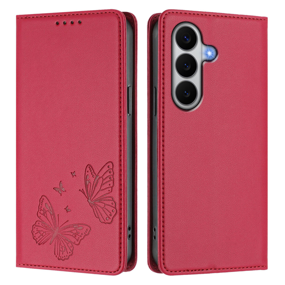 (Red) Phone Cover For Samsung Galaxy A27 Wallet Case Rfid Blocking Butterfly Imprinted Magnetic Flip Leat Red 6914294689480