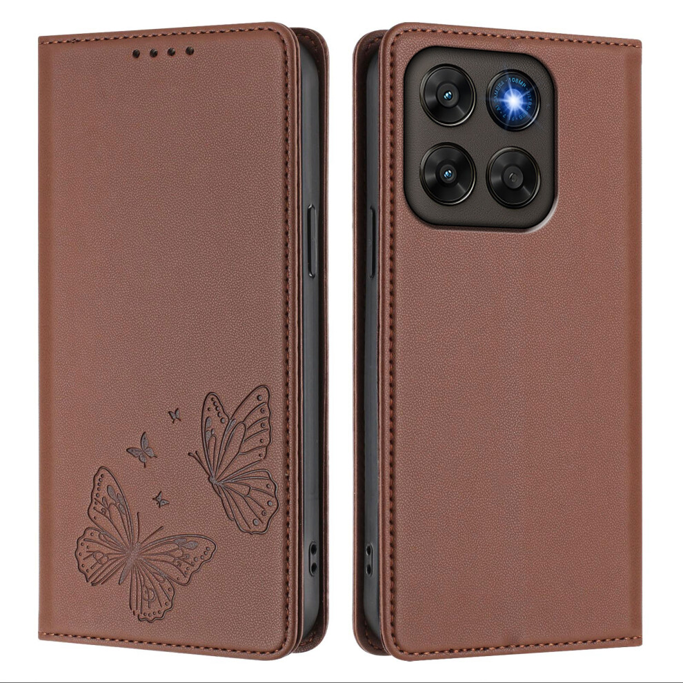 (Brown) Phone Cover For Motorola Moto G77 5G / Motorola Moto G67 5G Wallet Case Rfid Blocking Butterfly Imp Brown 6914297471327