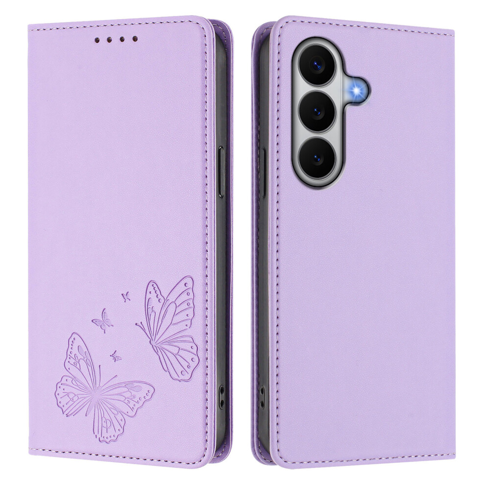 (Light ) Phone Cover For Samsung Galaxy A27 Wallet Case Rfid Blocking Butterfly Imprinted Magnetic Flip Leat Purple 6914294036697