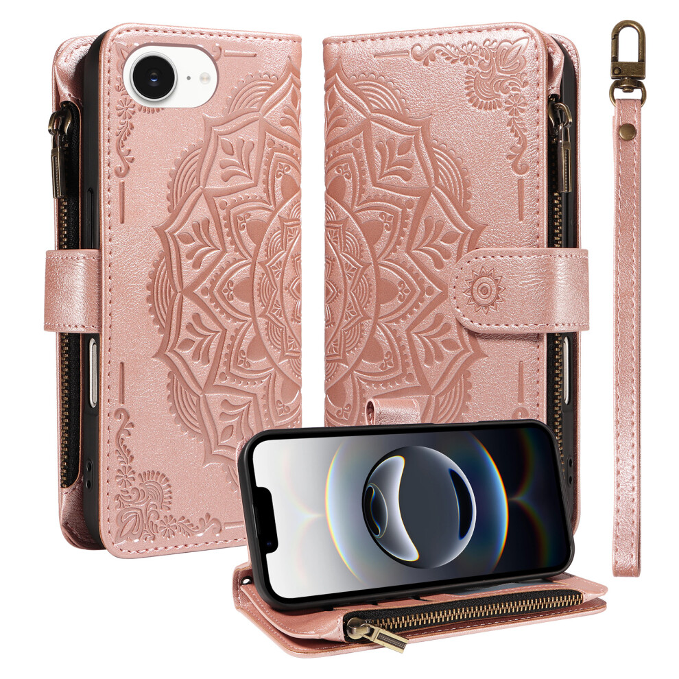 (Rose ) Phone Cover For Iphone 16E / Iphone 17E Wallet Case Mandala Embossed Leather Flip Cover 9 Card Slot Gold 6914299353980