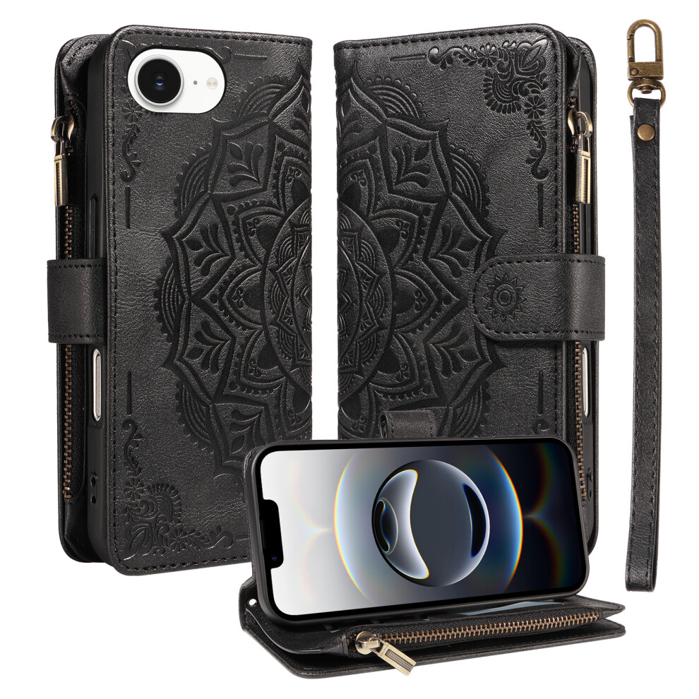 (Black) Phone Cover For Iphone 16E / Iphone 17E Wallet Case Mandala Embossed Leather Flip Cover 9 Card Slot Black 6914298368336