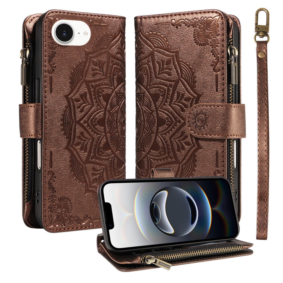 (Brown) Phone Cover For Iphone 16E / Iphone 17E Wallet Case Mandala Embossed Leather Flip Cover 9 Card Slot Brown 6914292560552