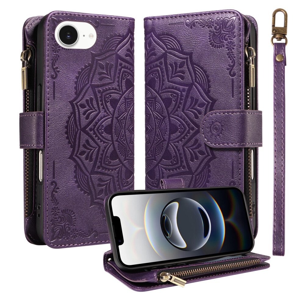 (Purple) Phone Cover For Iphone 16E / Iphone 17E Wallet Case Mandala Embossed Leather Flip Cover 9 Card Slot Purple 6914292242731