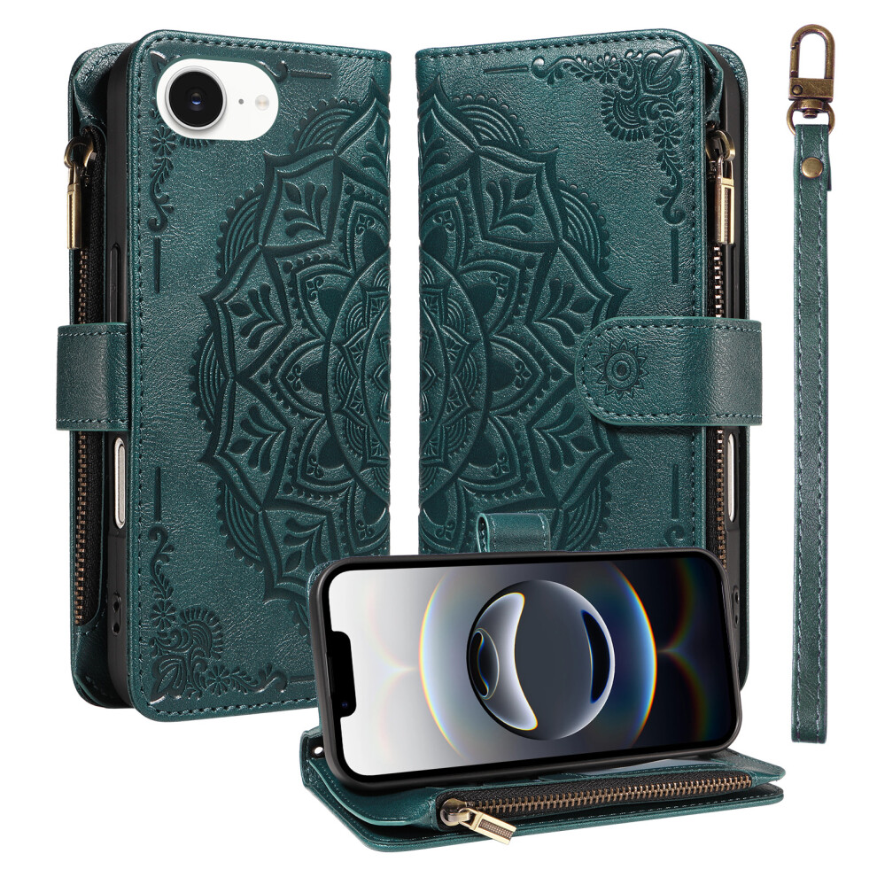 (Green) Phone Cover For Iphone 16E / Iphone 17E Wallet Case Mandala Embossed Leather Flip Cover 9 Card Slot Green 6914295315319