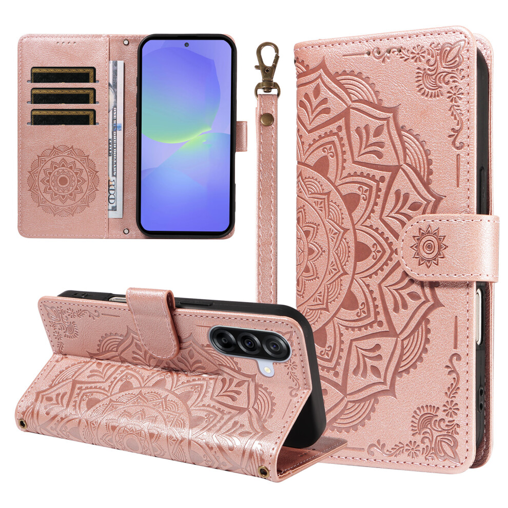 (Rose ) Phone Cover For Samsung Galaxy A36 5G Wallet Case Embossed Mandala Pattern Pu Leather + Tpu Cover W Gold 6914294263086