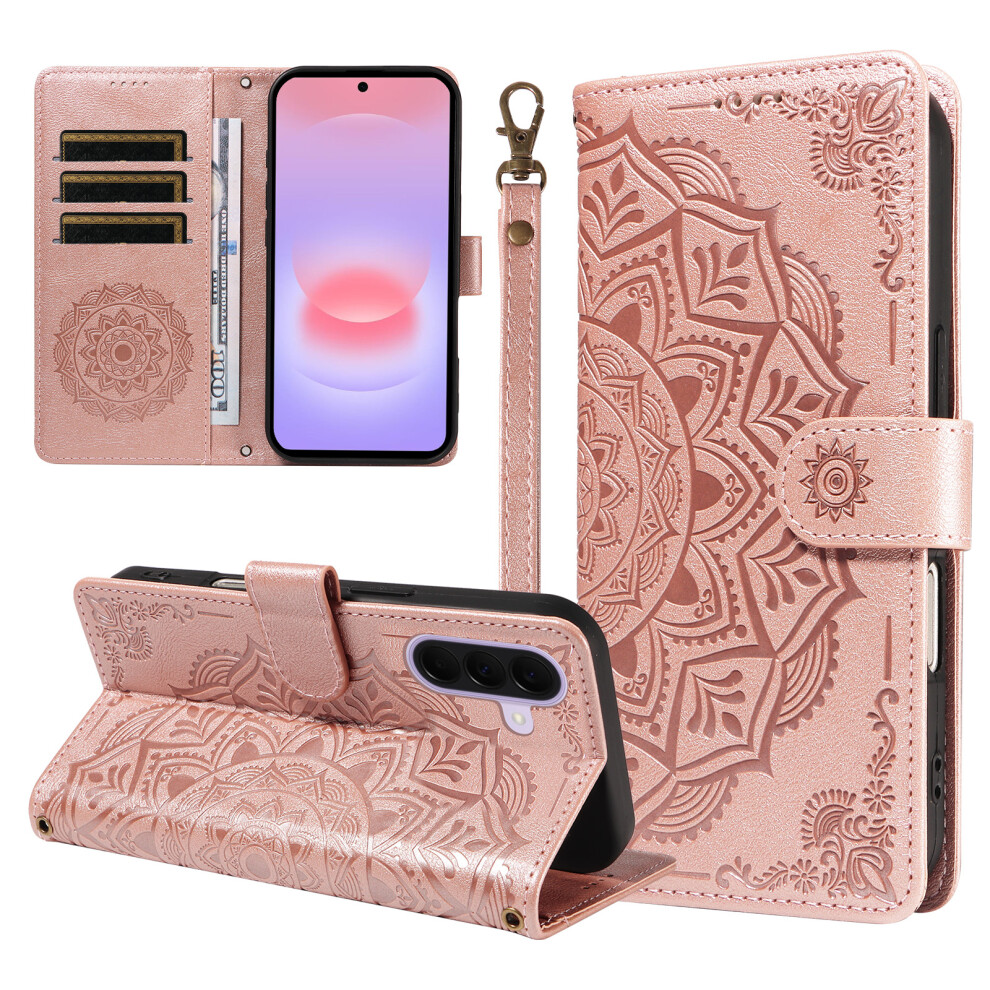 (Rose ) Phone Cover For Samsung Galaxy A27 Wallet Case Embossed Mandala Pattern Pu Leather + Tpu Cover With Gold 6914290082933