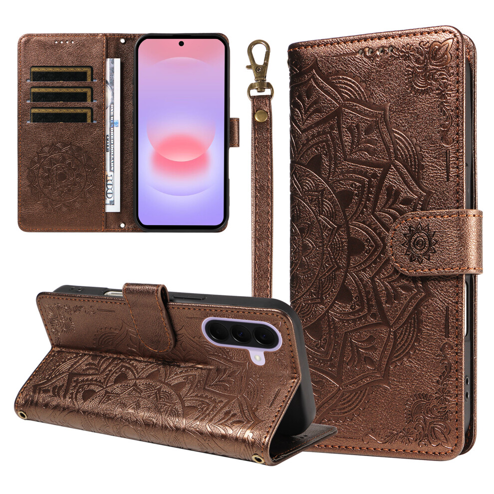 (Brown) Phone Cover For Samsung Galaxy A27 Wallet Case Embossed Mandala Pattern Pu Leather + Tpu Cover With Brown 6914298640173