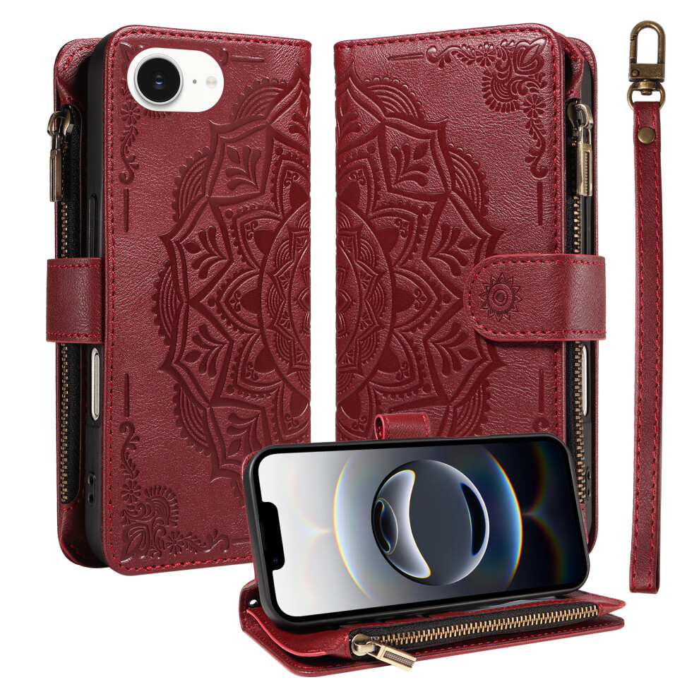(Wine ) Phone Cover For Iphone 16E / Iphone 17E Wallet Case Mandala Embossed Leather Flip Cover 9 Card Slot Red 6914292346026