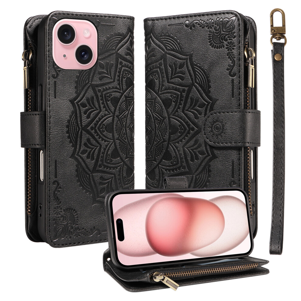 (Black) Phone Cover For Iphone 15 Wallet Case Mandala Embossed Leather Flip Cover 9 Card Slots Zipper Pocke Black 6914297234854