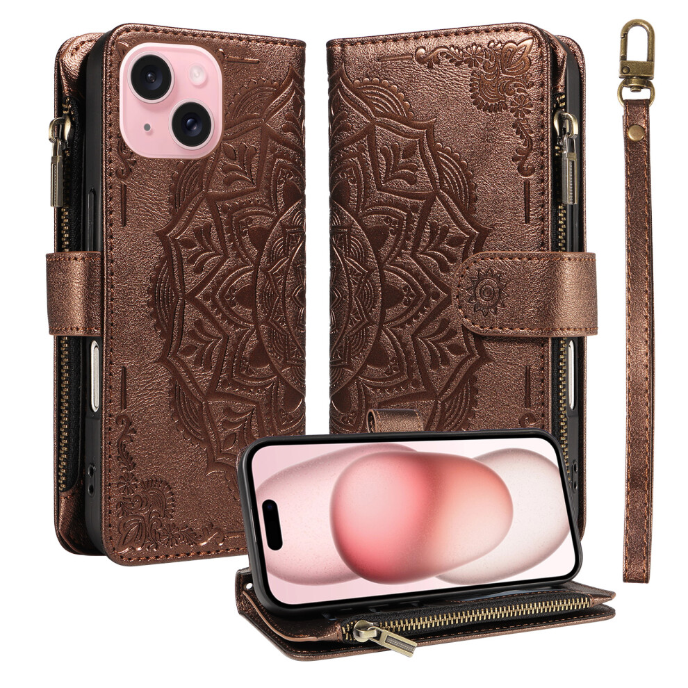 (Brown) Phone Cover For Iphone 15 Wallet Case Mandala Embossed Leather Flip Cover 9 Card Slots Zipper Pocke Brown 6914291370671