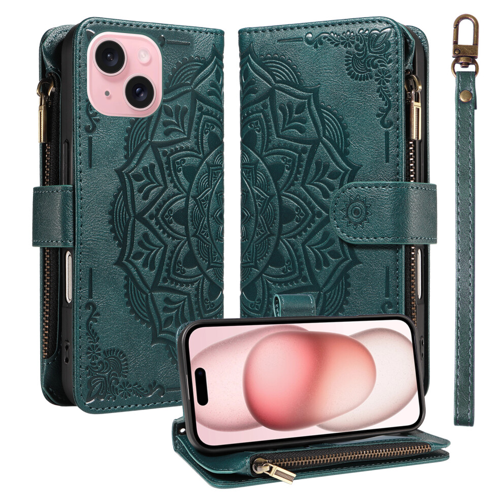 (Green) Phone Cover For Iphone 15 Wallet Case Mandala Embossed Leather Flip Cover 9 Card Slots Zipper Pocke Green 6914296739121