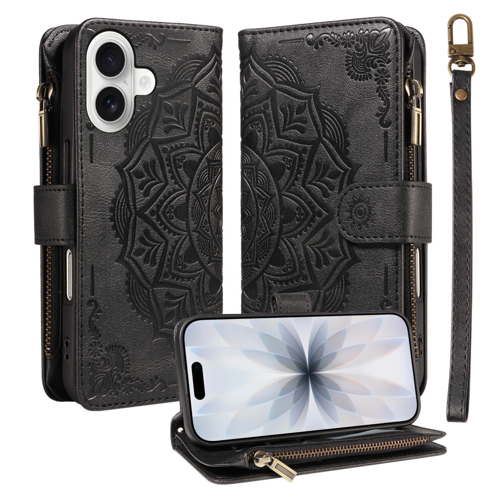 (Black) Phone Cover For Iphone 17 Wallet Case Mandala Embossed Leather Flip Cover 9 Card Slots Zipper Pocke Black 6914294750982
