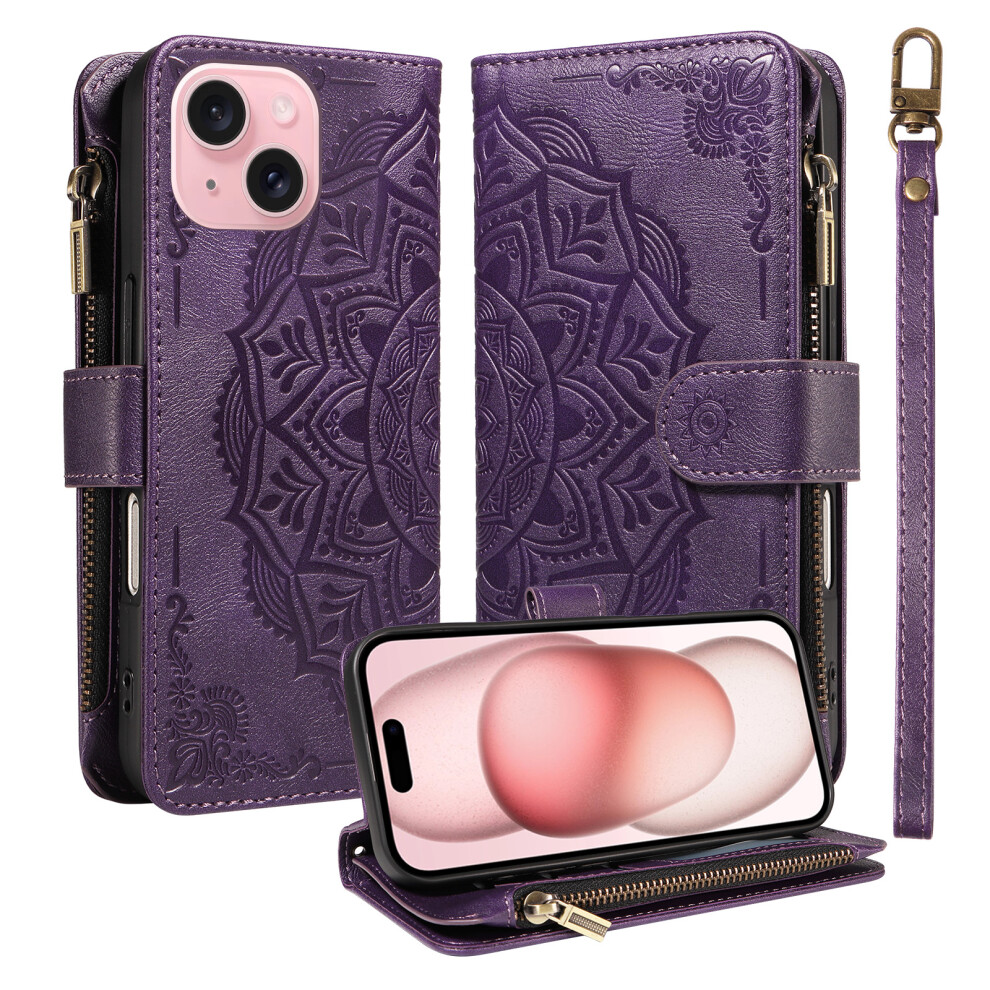 (Purple) Phone Cover For Iphone 15 Wallet Case Mandala Embossed Leather Flip Cover 9 Card Slots Zipper Pocke Purple 6914290444205
