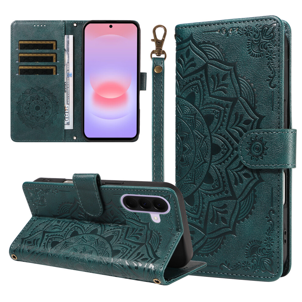 (Green) Phone Cover For Samsung Galaxy A27 Wallet Case Embossed Mandala Pattern Pu Leather + Tpu Cover With Green 6914295451215