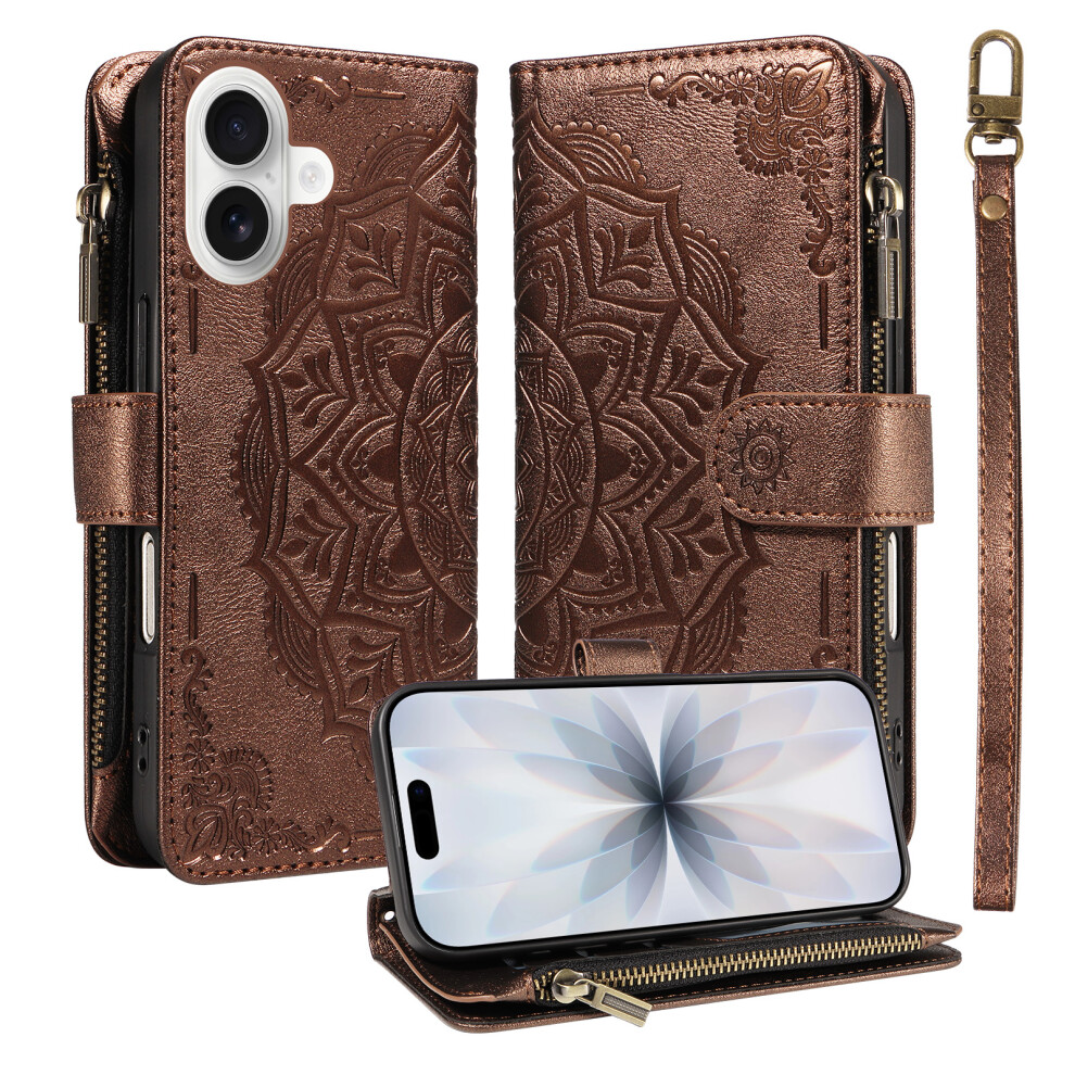 (Brown) Phone Cover For Iphone 17 Wallet Case Mandala Embossed Leather Flip Cover 9 Card Slots Zipper Pocke Brown 6914290461585