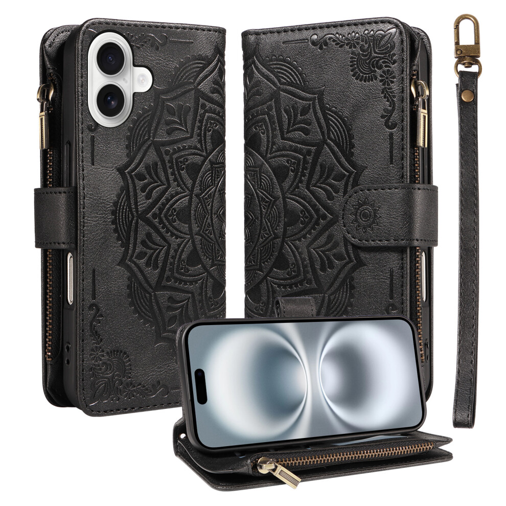 (Black) Phone Cover For Iphone 16 Wallet Case Mandala Embossed Leather Flip Cover 9 Card Slots Zipper Pocke Black 6914296275087
