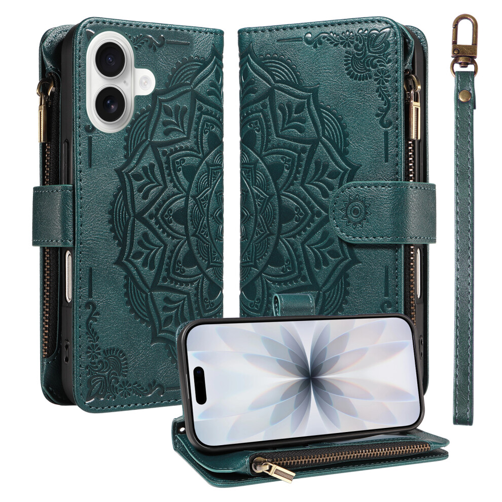 (Green) Phone Cover For Iphone 17 Wallet Case Mandala Embossed Leather Flip Cover 9 Card Slots Zipper Pocke Green 6914297408569