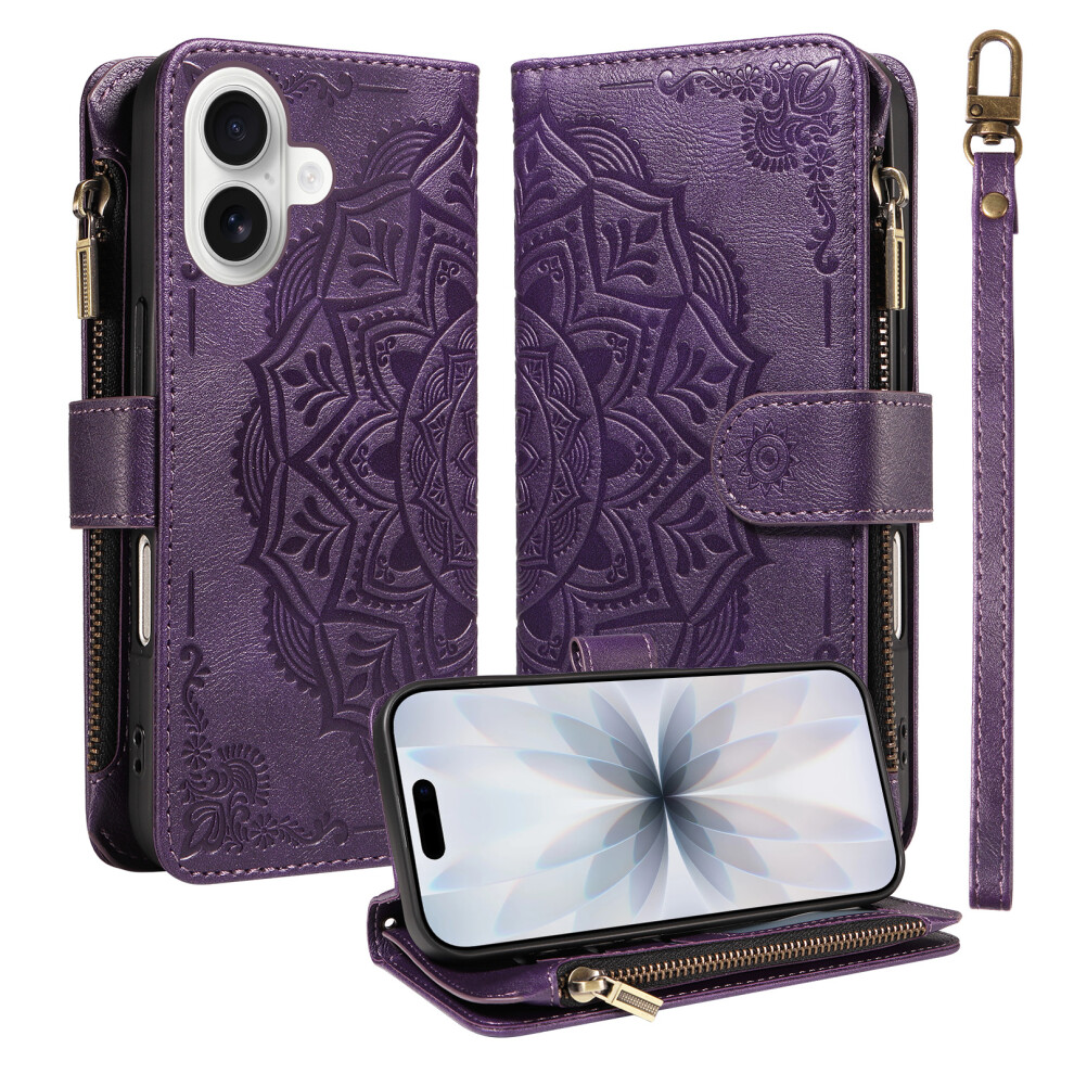 (Purple) Phone Cover For Iphone 17 Wallet Case Mandala Embossed Leather Flip Cover 9 Card Slots Zipper Pocke Purple 6914291421359