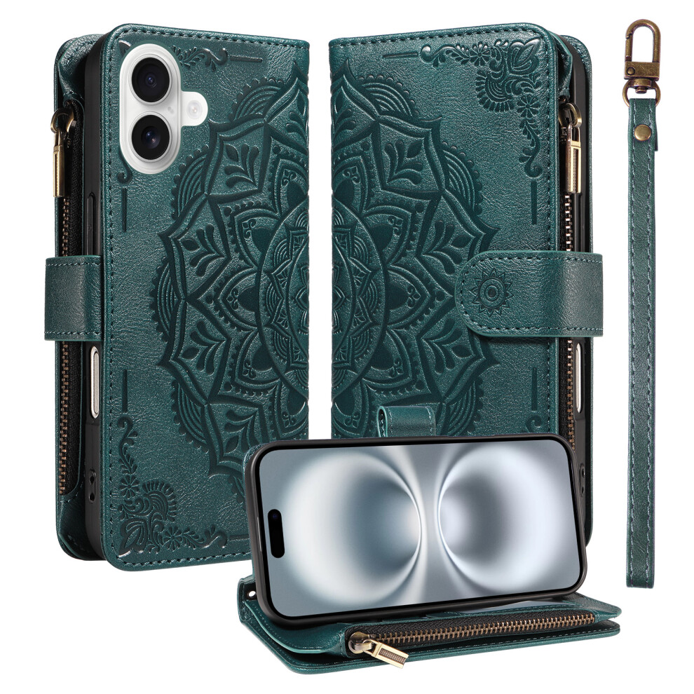 (Green) Phone Cover For Iphone 16 Wallet Case Mandala Embossed Leather Flip Cover 9 Card Slots Zipper Pocke Green 6914293823021