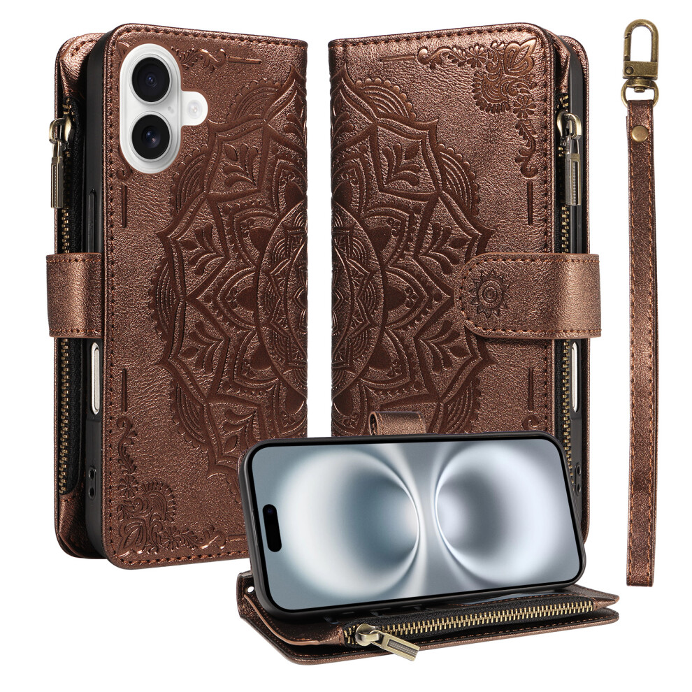 (Brown) Phone Cover For Iphone 16 Wallet Case Mandala Embossed Leather Flip Cover 9 Card Slots Zipper Pocke Brown 6914298214763