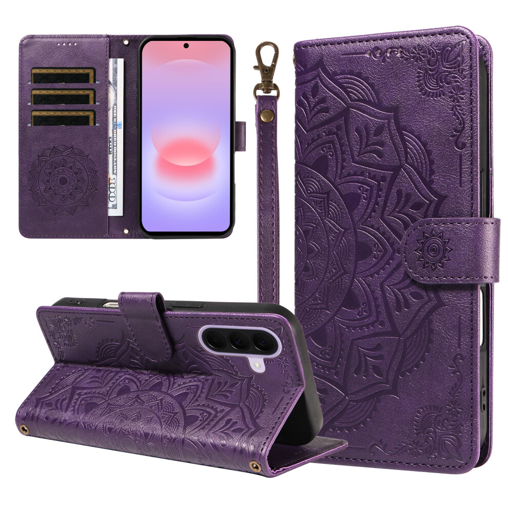 (Purple) Phone Cover For Samsung Galaxy A27 Wallet Case Embossed Mandala Pattern Pu Leather + Tpu Cover With Purple 6914290173273