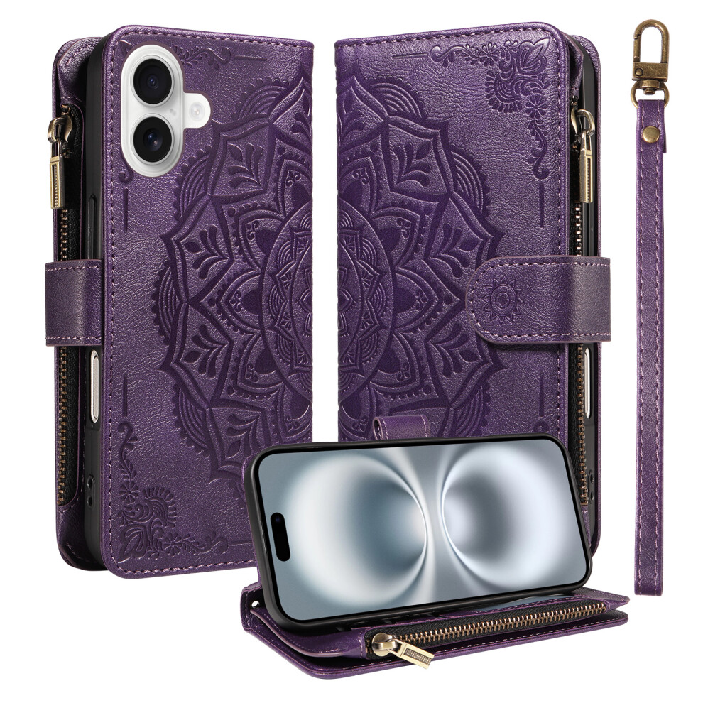 (Purple) Phone Cover For Iphone 16 Wallet Case Mandala Embossed Leather Flip Cover 9 Card Slots Zipper Pocke Purple 6914297973890