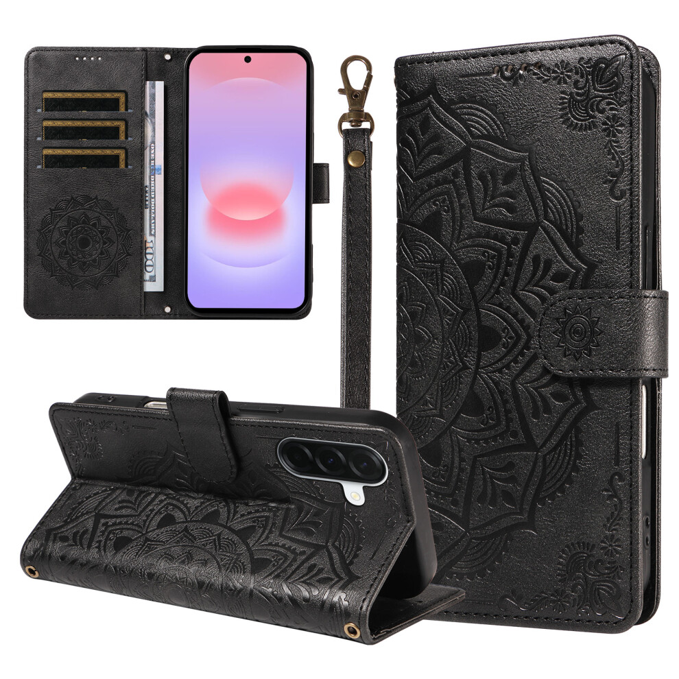 (Black) Phone Cover For Samsung Galaxy A37 5G Wallet Case Embossed Mandala Pattern Pu Leather + Tpu Cover W Black 6914295751889