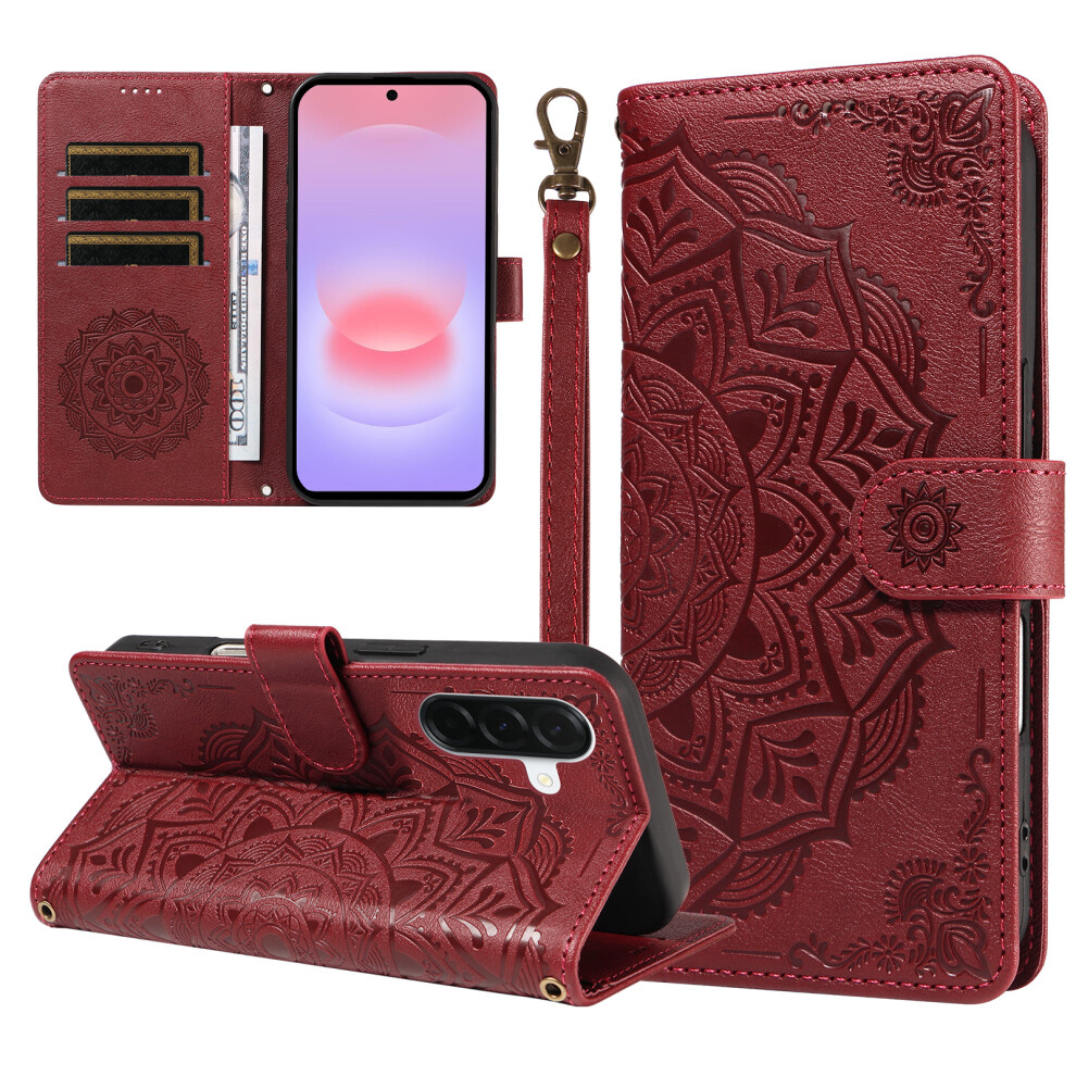 (Wine ) Phone Cover For Samsung Galaxy A37 5G Wallet Case Embossed Mandala Pattern Pu Leather + Tpu Cover W Red 6914290600083