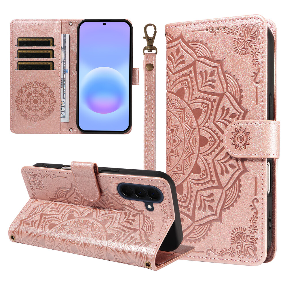 (Rose ) Phone Cover For Samsung Galaxy A57 5G Wallet Case Embossed Mandala Pattern Pu Leather + Tpu Cover W Gold 6914295644815