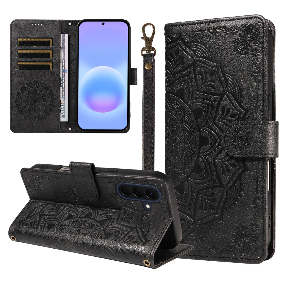 (Black) Phone Cover For Samsung Galaxy A57 5G Wallet Case Embossed Mandala Pattern Pu Leather + Tpu Cover W Black 6914291681210