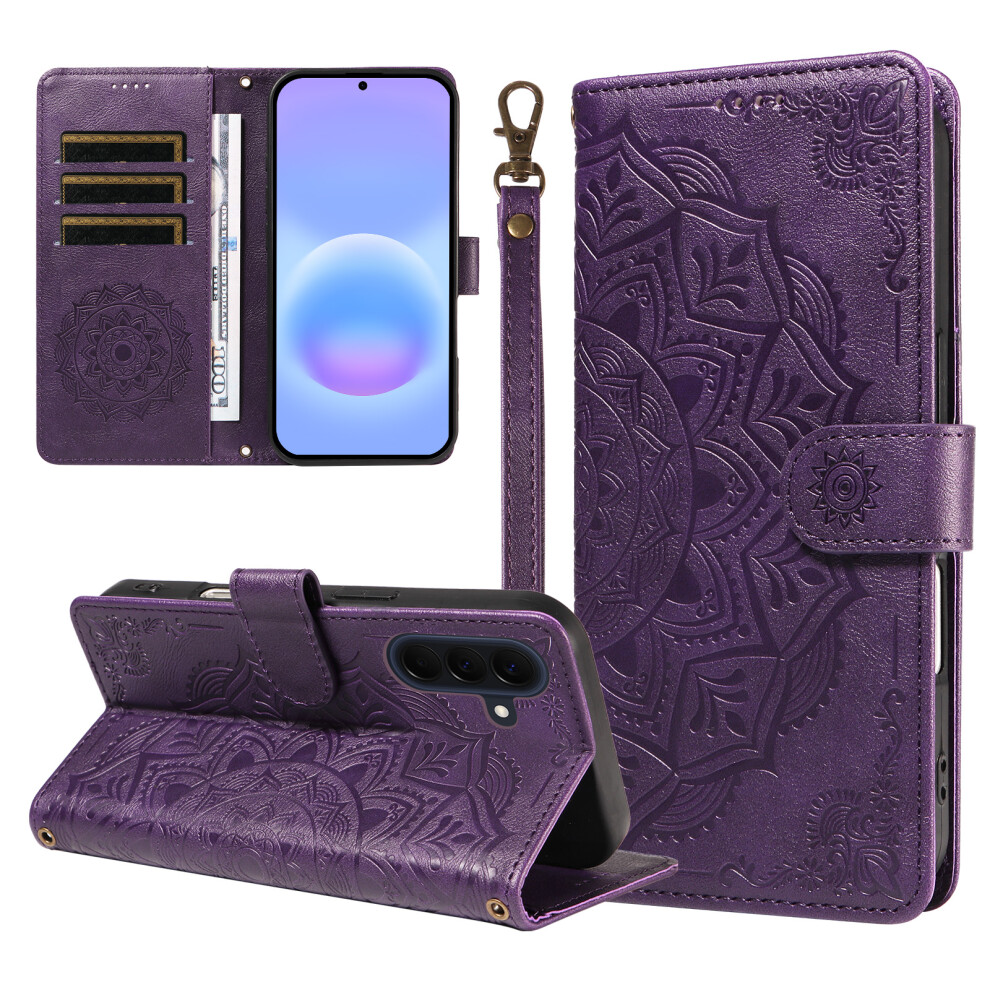 (Purple) Phone Cover For Samsung Galaxy A57 5G Wallet Case Embossed Mandala Pattern Pu Leather + Tpu Cover W Purple 6914295832076