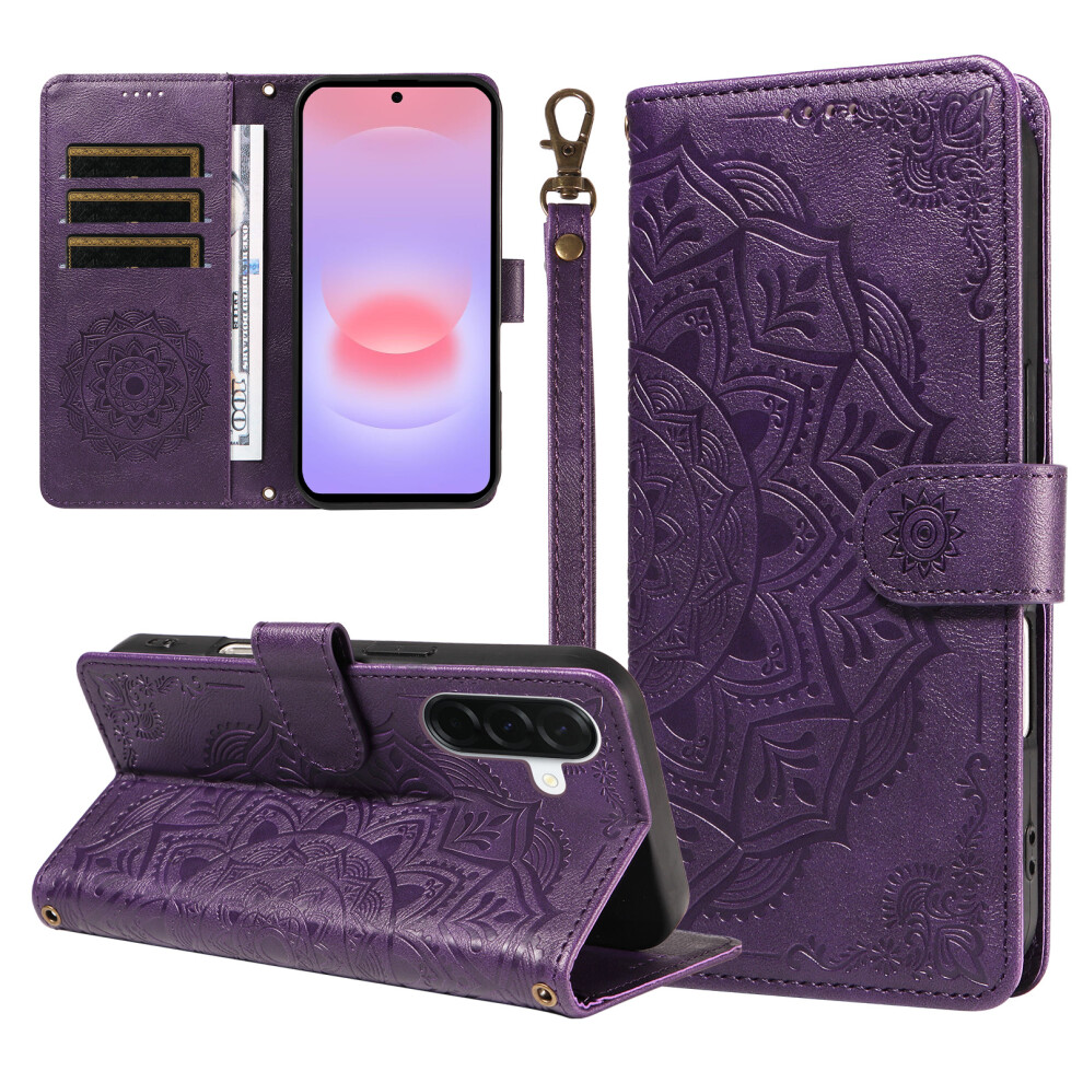 (Purple) Phone Cover For Samsung Galaxy A37 5G Wallet Case Embossed Mandala Pattern Pu Leather + Tpu Cover W Purple 6914291514501