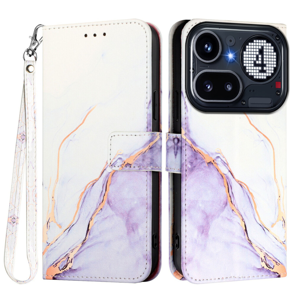 (White / Purple Ls006) Phone Cover For Nothing Phone (4A) Pro Case With Strap Marble Pattern Leather Phone Cover Card Hold White,Purple 6914293379948