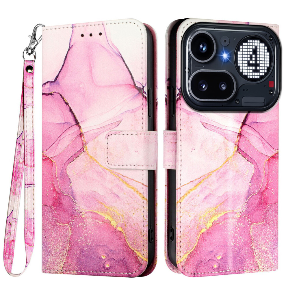 (Pink / Purple / Gold Ls001) Phone Cover For Nothing Phone (4A) Pro Case With Strap Marble Pattern Leather Phone Cover Card Hold Pink,Gold,Purple 6914290319060