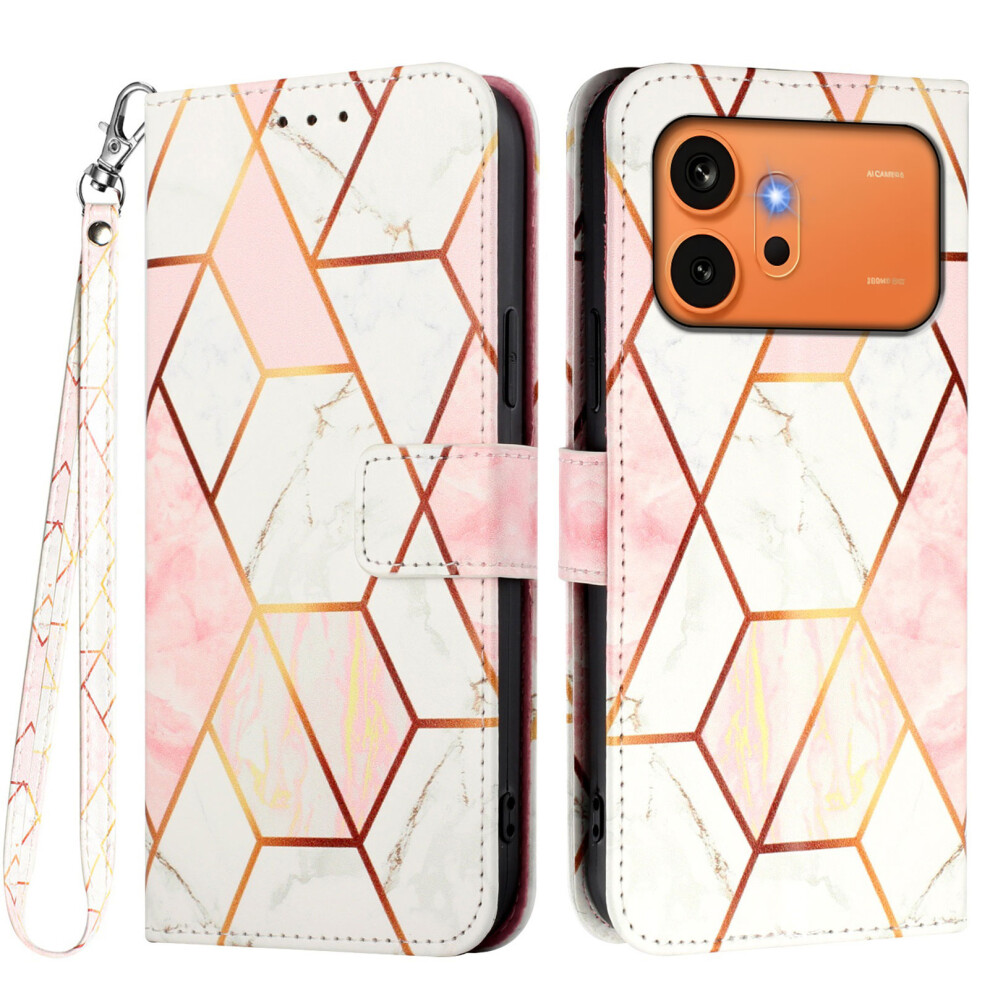(Pink / White Ls002) Phone Cover For Honor 600 Pro 5G / Honor 600 5G Case With Strap Marble Pattern Leather Phone Cover Pink,White 6914296306279