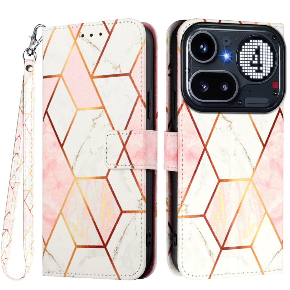 (Pink / White Ls002) Phone Cover For Nothing Phone (4A) Pro Case With Strap Marble Pattern Leather Phone Cover Card Hold Pink,White 6914294213029