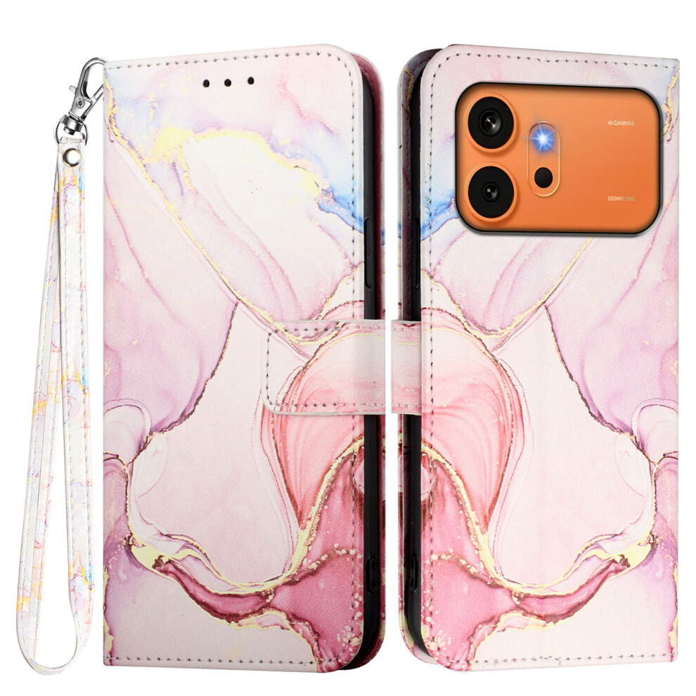 (Rose Ls005) Phone Cover For Honor 600 Pro 5G / Honor 600 5G Case With Strap Marble Pattern Leather Phone Cover Gold 6914297370828