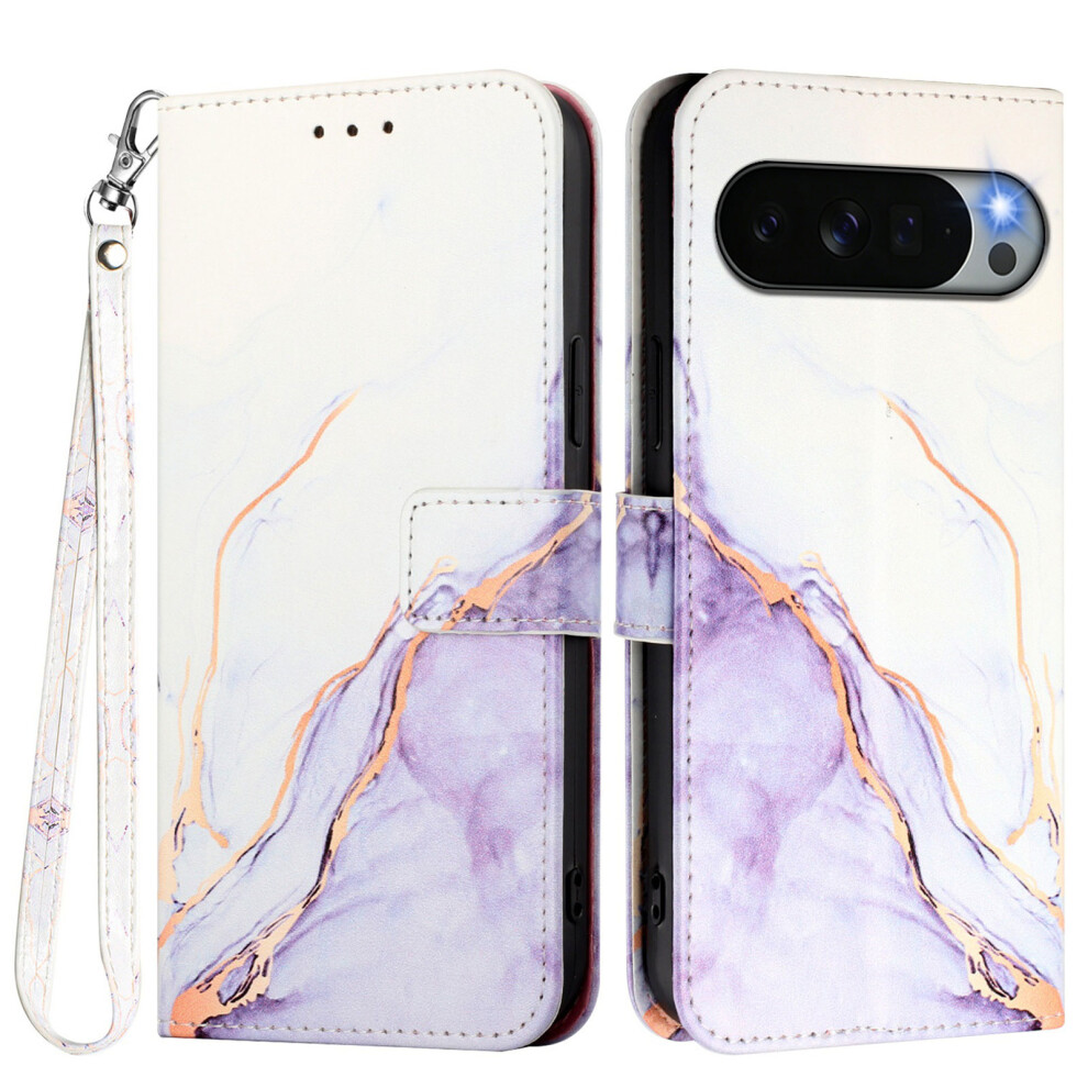(White / Purple Ls006) Phone Cover For Google Pixel 11 Pro Xl Case With Strap Marble Pattern Leather Phone Cover Card Hold White,Purple 6914297092331