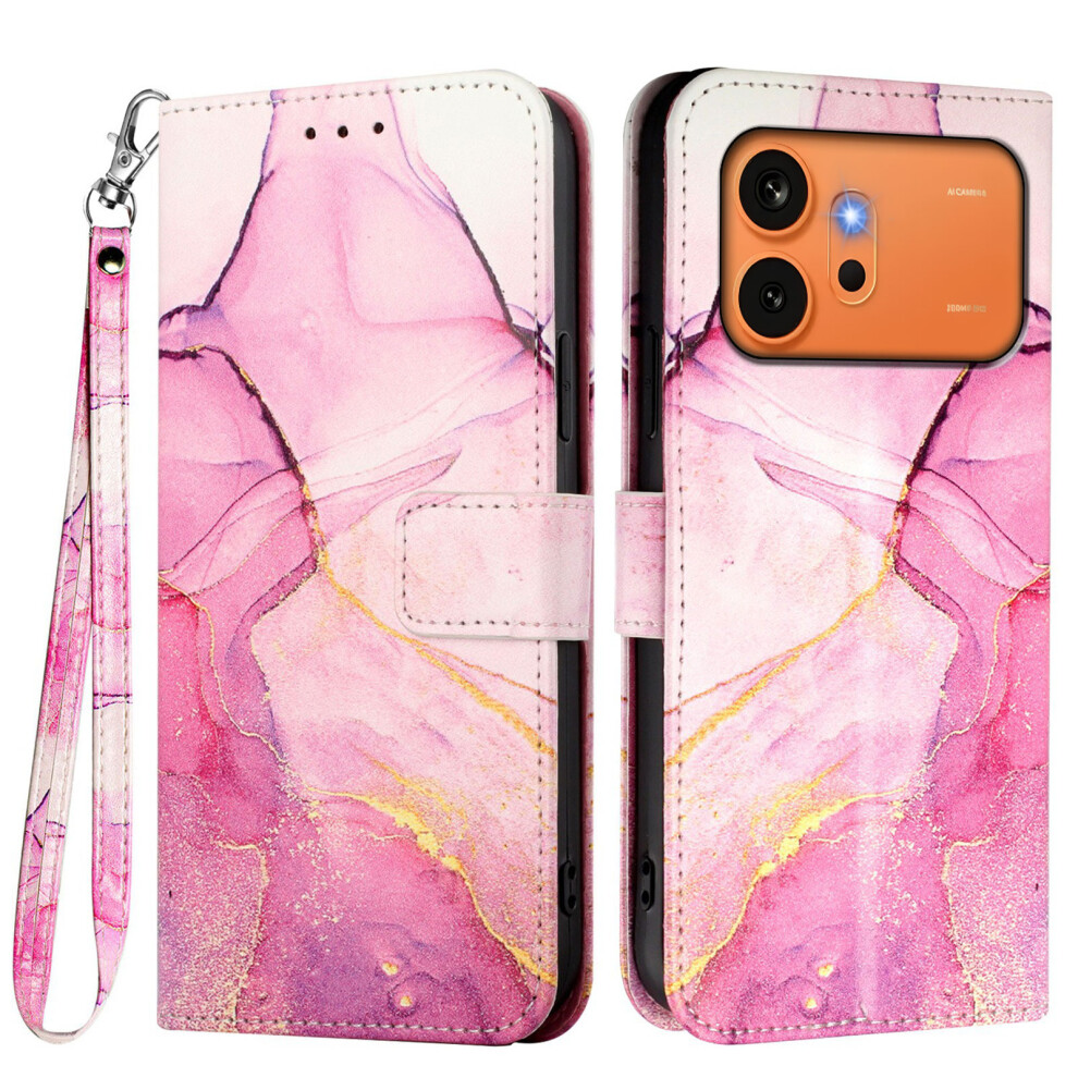 (Pink / Purple / Gold Ls001) Phone Cover For Honor 600 Pro 5G / Honor 600 5G Case With Strap Marble Pattern Leather Phone Cover Pink,Gold,Purple 6914291739652