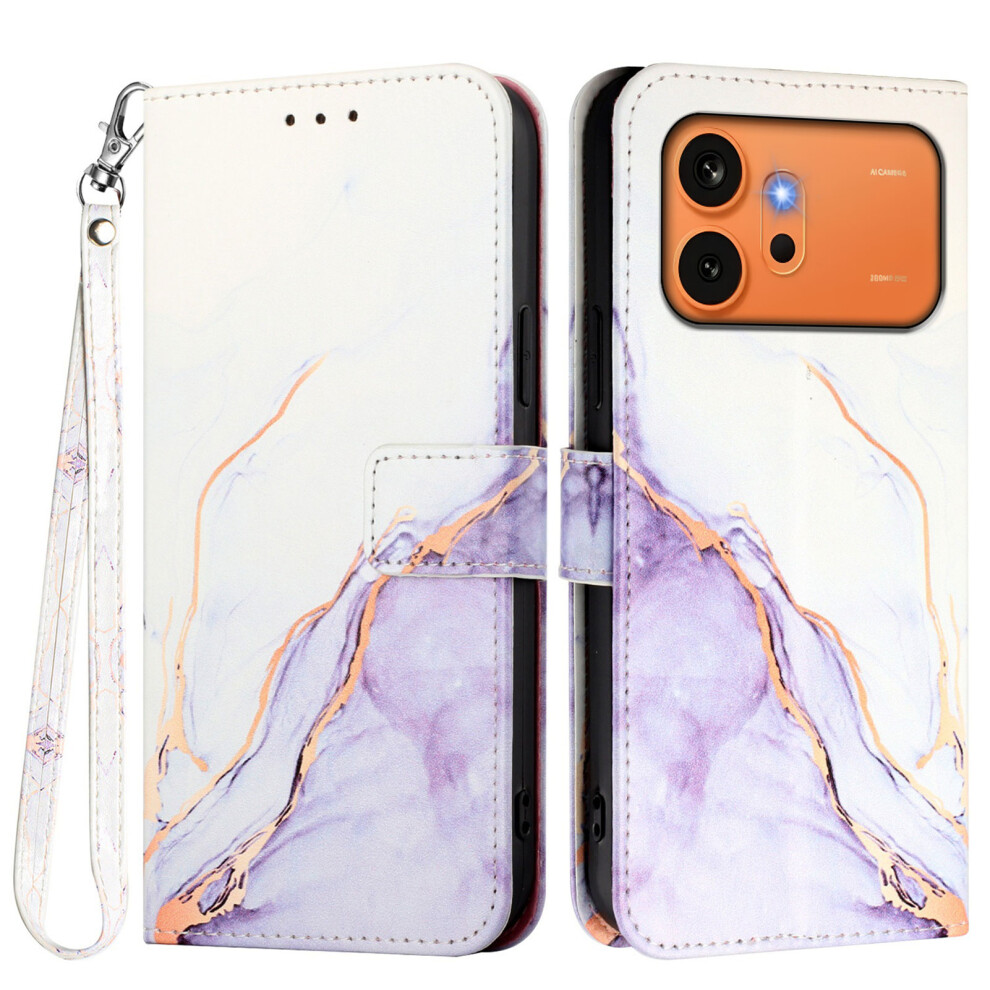 (White / Purple Ls006) Phone Cover For Honor 600 Pro 5G / Honor 600 5G Case With Strap Marble Pattern Leather Phone Cover White,Purple 6914290672370