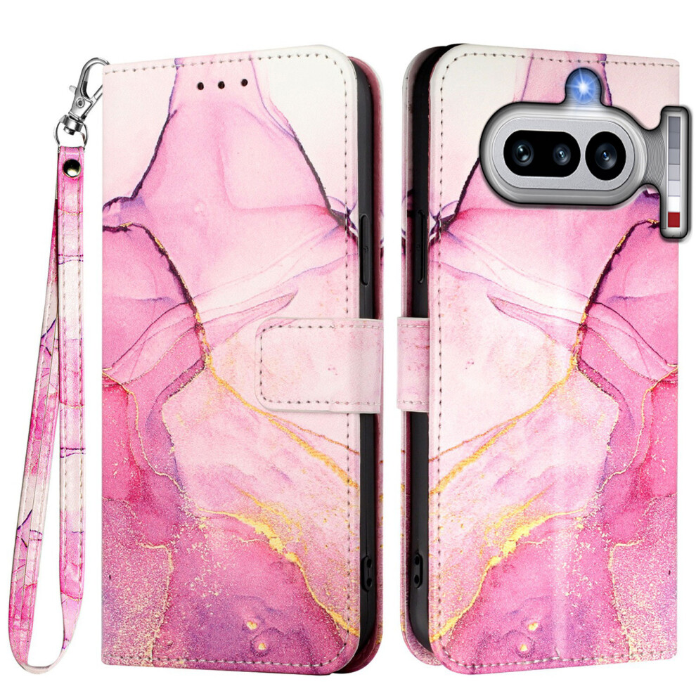 (Pink / Purple / Gold Ls001) Phone Cover For Nothing Phone (4A) Case With Strap Marble Pattern Leather Phone Cover Card Holder Pink,Gold,Purple 6914298225813