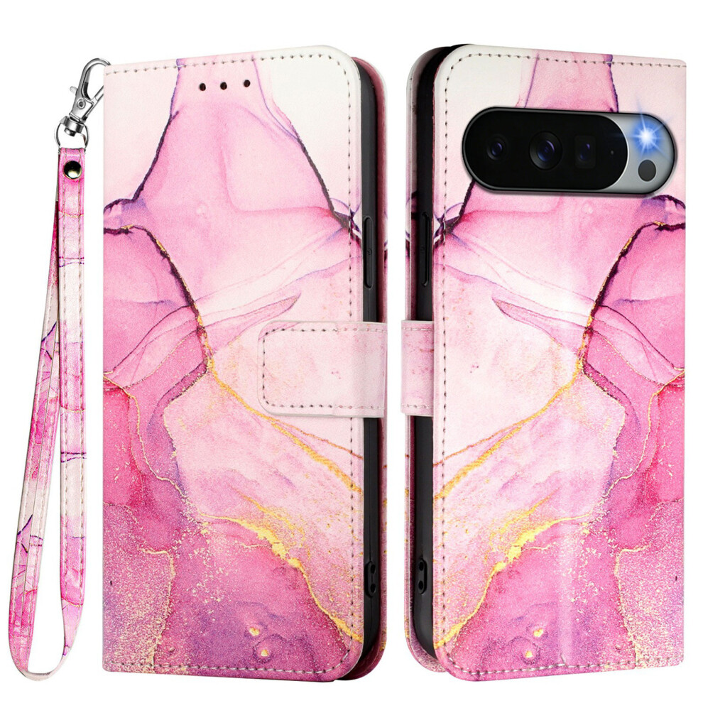 (Pink / Purple / Gold Ls001) Phone Cover For Google Pixel 11 Pro Xl Case With Strap Marble Pattern Leather Phone Cover Card Hold Pink,Gold,Purple 6914296132564