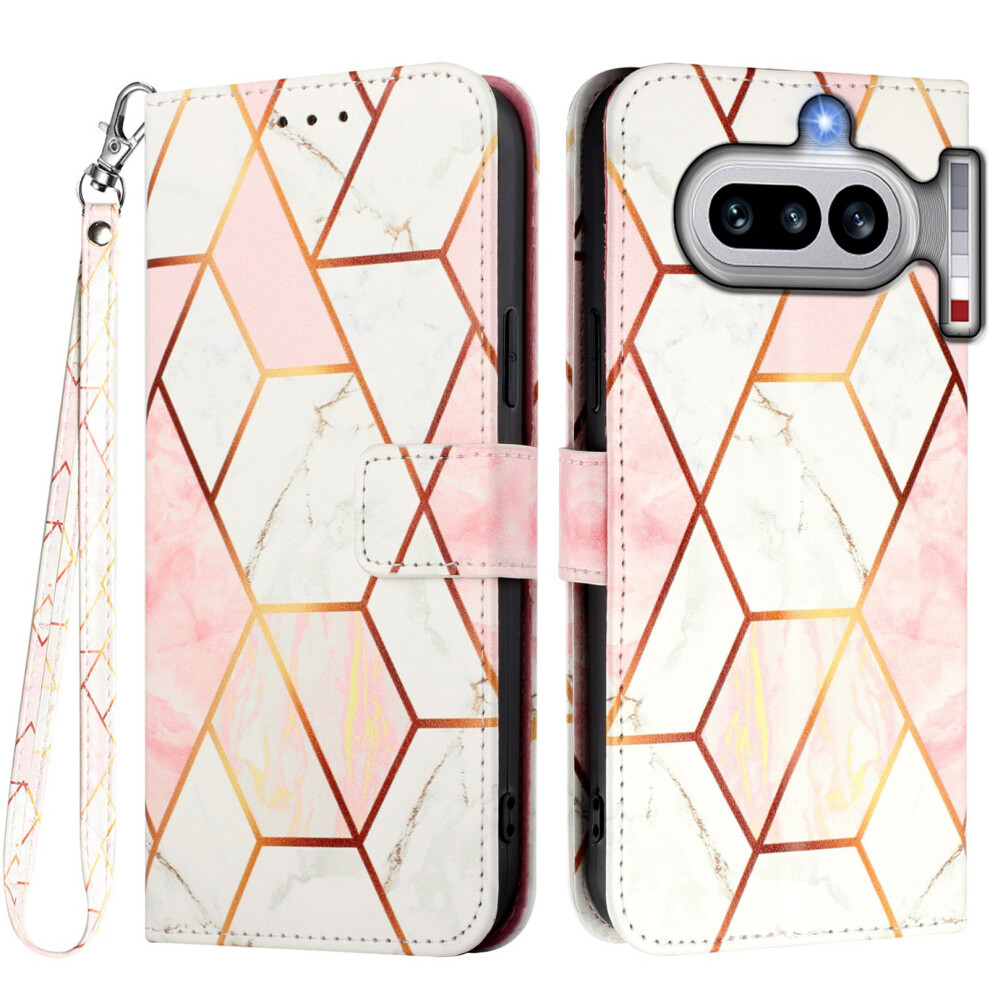 (Pink / White Ls002) Phone Cover For Nothing Phone (4A) Case With Strap Marble Pattern Leather Phone Cover Card Holder Pink,White 6914292119774