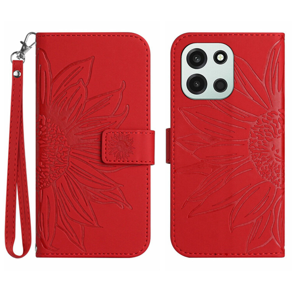 (Red) Phone Cover For Oneplus Nord 6 5G Case Sunflower Imprint Leather Wallet Phone Cover With Wrist Stra Red 6914296636987