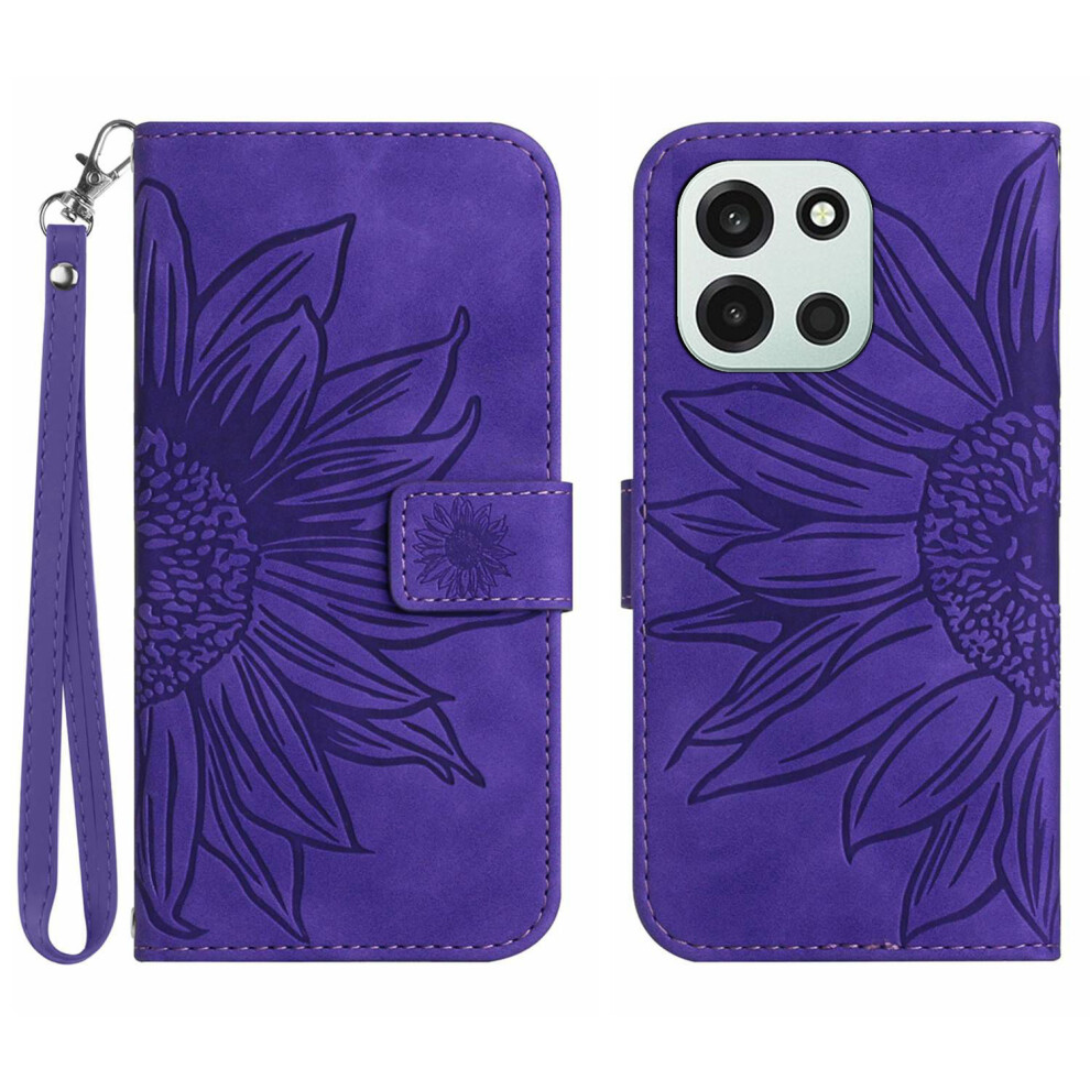 (Dark ) Phone Cover For Oneplus Nord 6 5G Case Sunflower Imprint Leather Wallet Phone Cover With Wrist Stra Purple 6914298165461