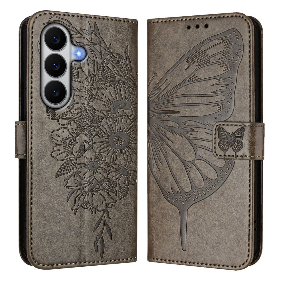 (Grey) Phone Cover For Samsung Galaxy A27 Wallet Case With Wrist Strap Butterfly Imprint Leather Phone Cov Grey 6914299955528