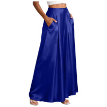 Elegant Satins A Line Long Skirt High Waist Zippers-Blue XL